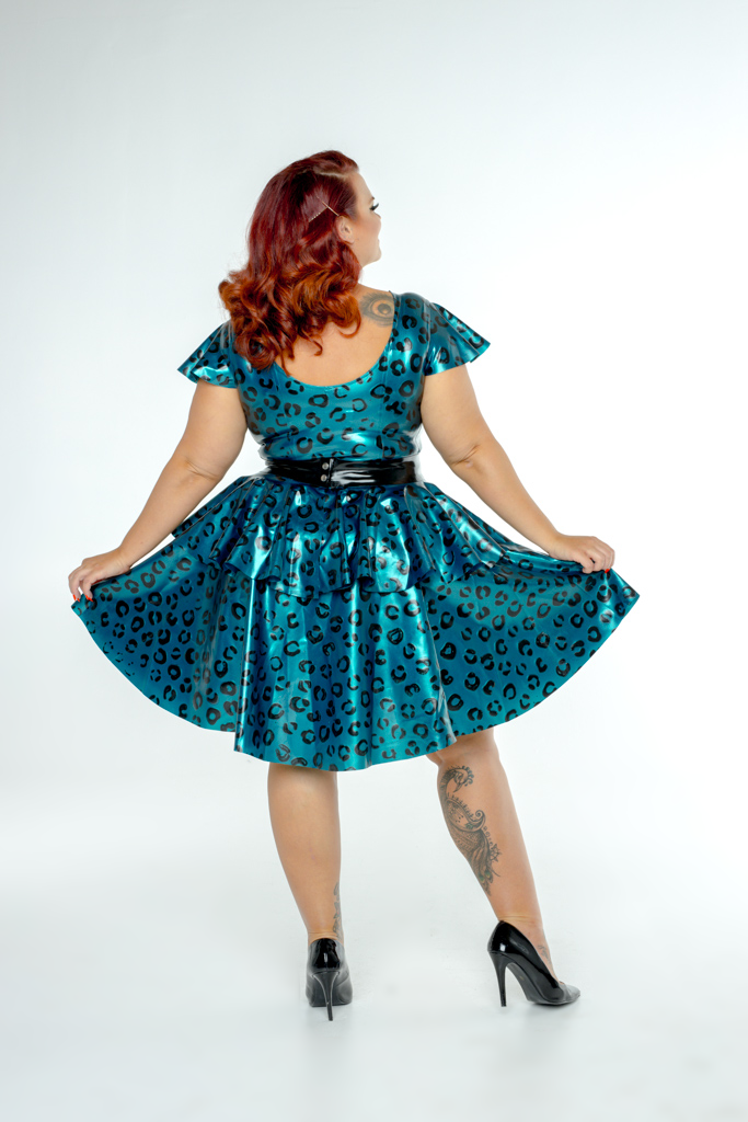 1I0A9745 FFFB x YG Cap sleeve skate dress and long peplum belt in teal leopard
