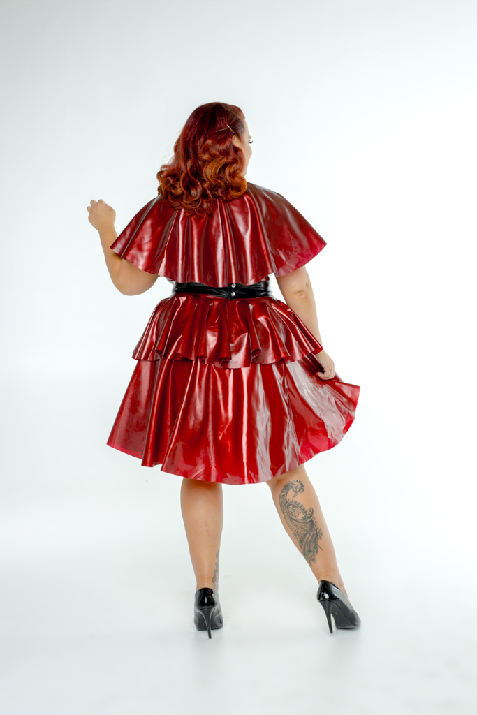 1I0A9916 FFFB x YG Cap sleeve skate dress, long peplum belt and cape in blood red with blush