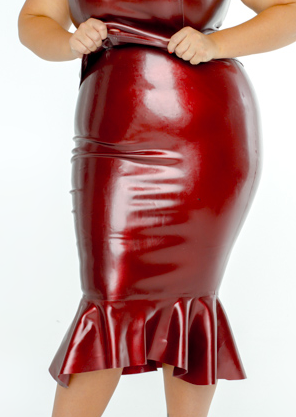 FFFB x YG Square neck cap sleeve top and ruffle pencil skirt in blood red with blush