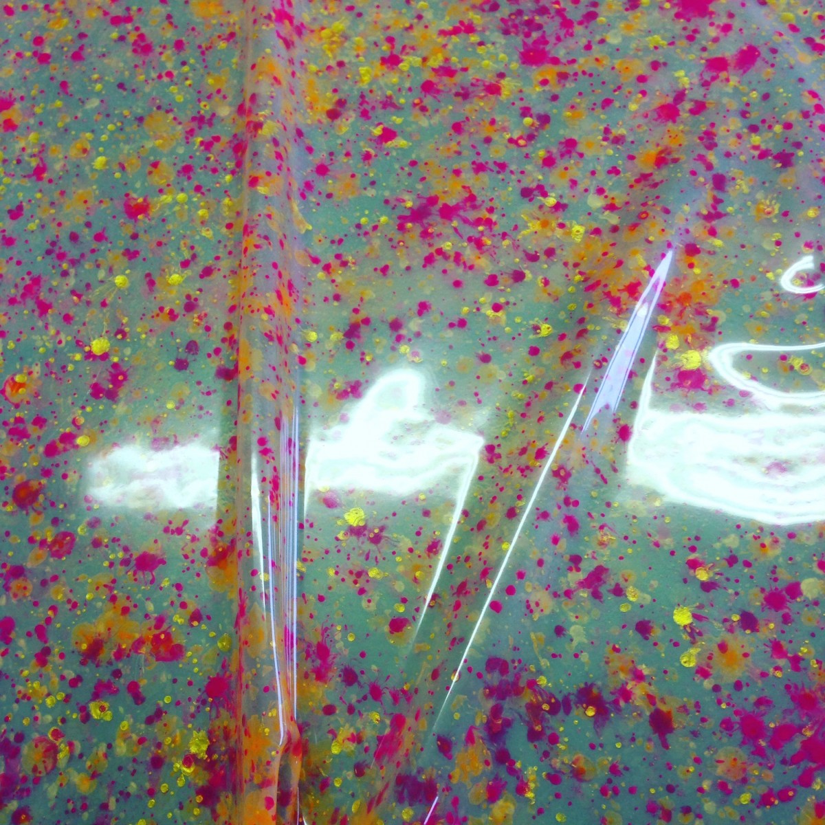 IMG_4407 Yummy Gummy Latex Splatter Latex, Orange, Yellow, Gold and cerise splatters on Trans