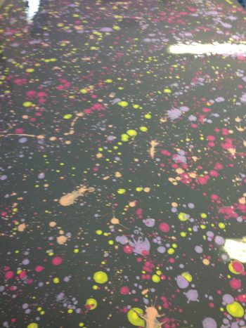 Yummy Gummy Latex Splatter Latex, Orange, Yellow, Purple and cerise splatters on black