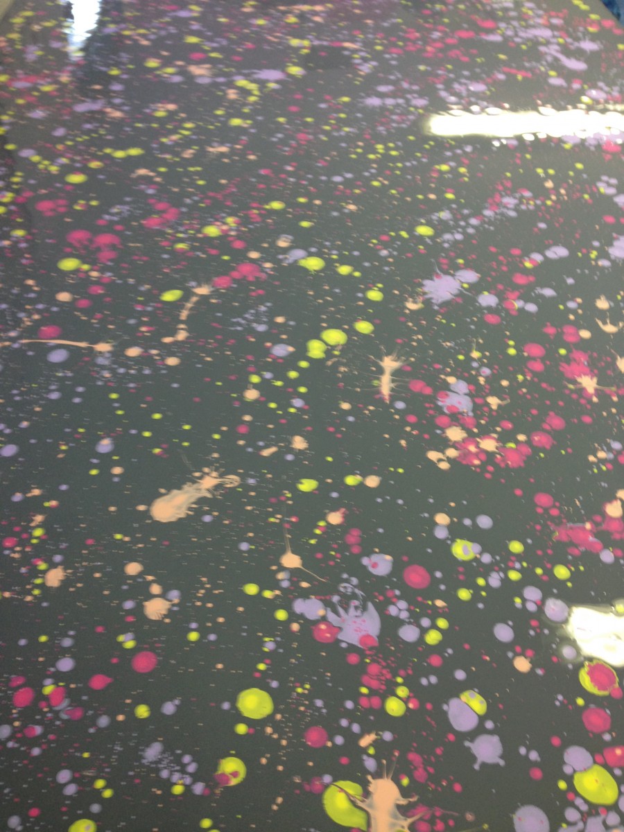 IMG_6593 Yummy Gummy Latex Splatter Latex, Orange, Yellow, Purple and cerise splatters on black