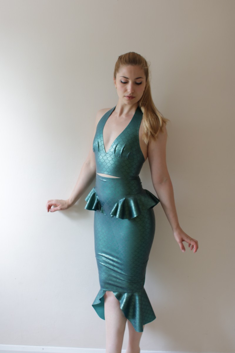IMG_8757 Yummy Gummy Latex Mermaid Pencil Skirt and pleated halter top in etched mermaid