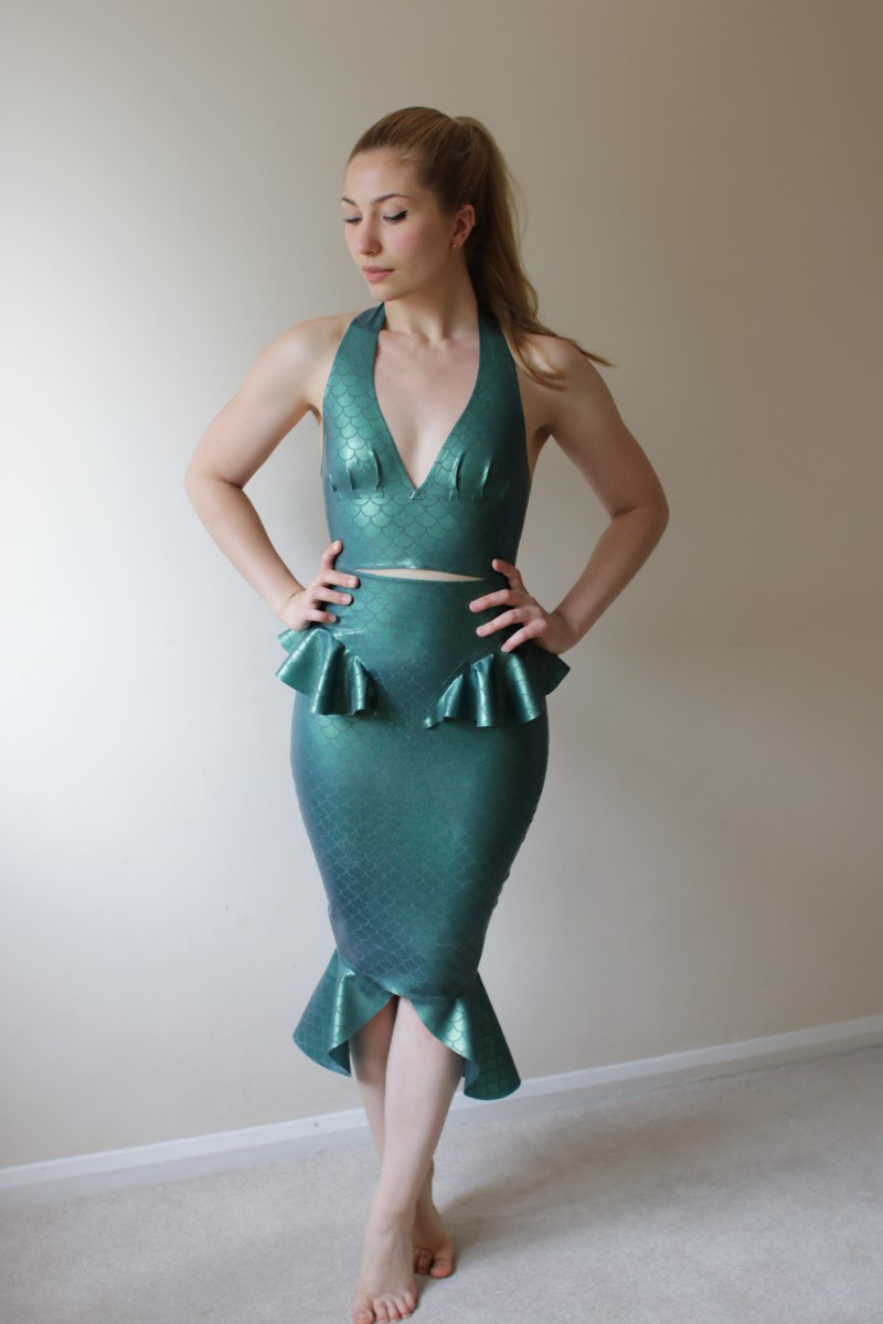 IMG_8770 Yummy Gummy Latex Mermaid Pencil Skirt and pleated halter top in etched mermaid