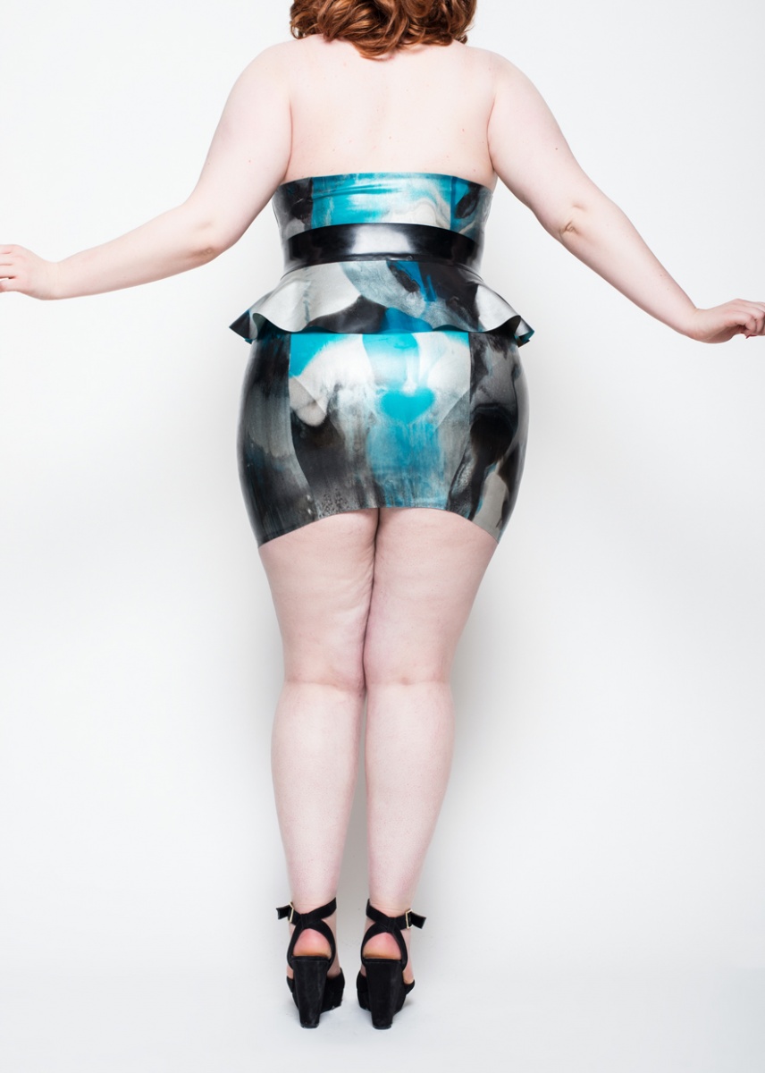 LATEX2509N Yummy Gummy Latex Blue marble short halter dress with peplum belt