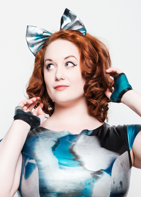 LATEX2716N Yummy Gummy Latex Blue marble gauntlets and head bow