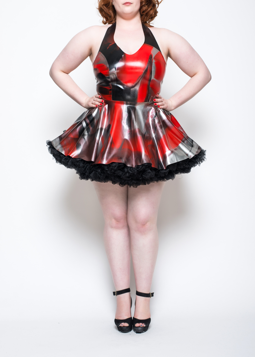 LATEX2758N Yummy Gummy Latex Red marble circle skirt and Halter neck top with tutu