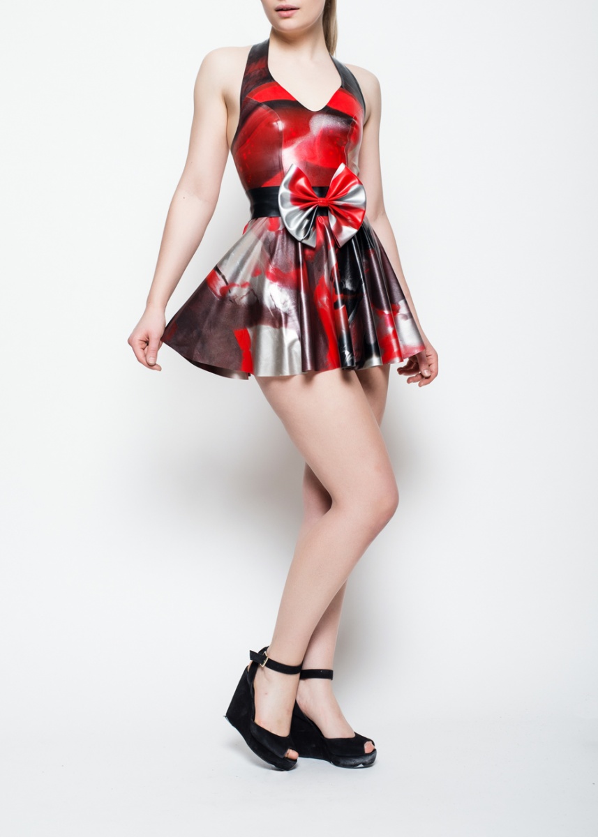 LATEX3042N Yummy Gummy Latex Red marble halter top and circle skirt with bow belt