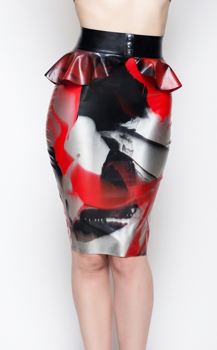 LATEX3148N Yummy Gummy Latex Red marble and pencil skirt with peplum belt