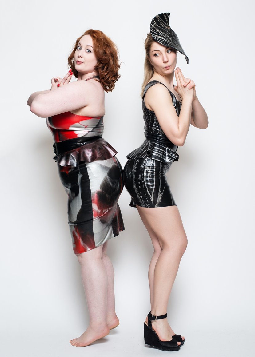 LATEX3181N Yummy Gummy Latex red marble halter top, pencil skirt and peplum belt and black marble short dress and peplum belt