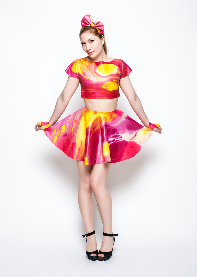 LATEX3229N Yummy Gummy Latex yellow pink and magenta white water marble latex outfit