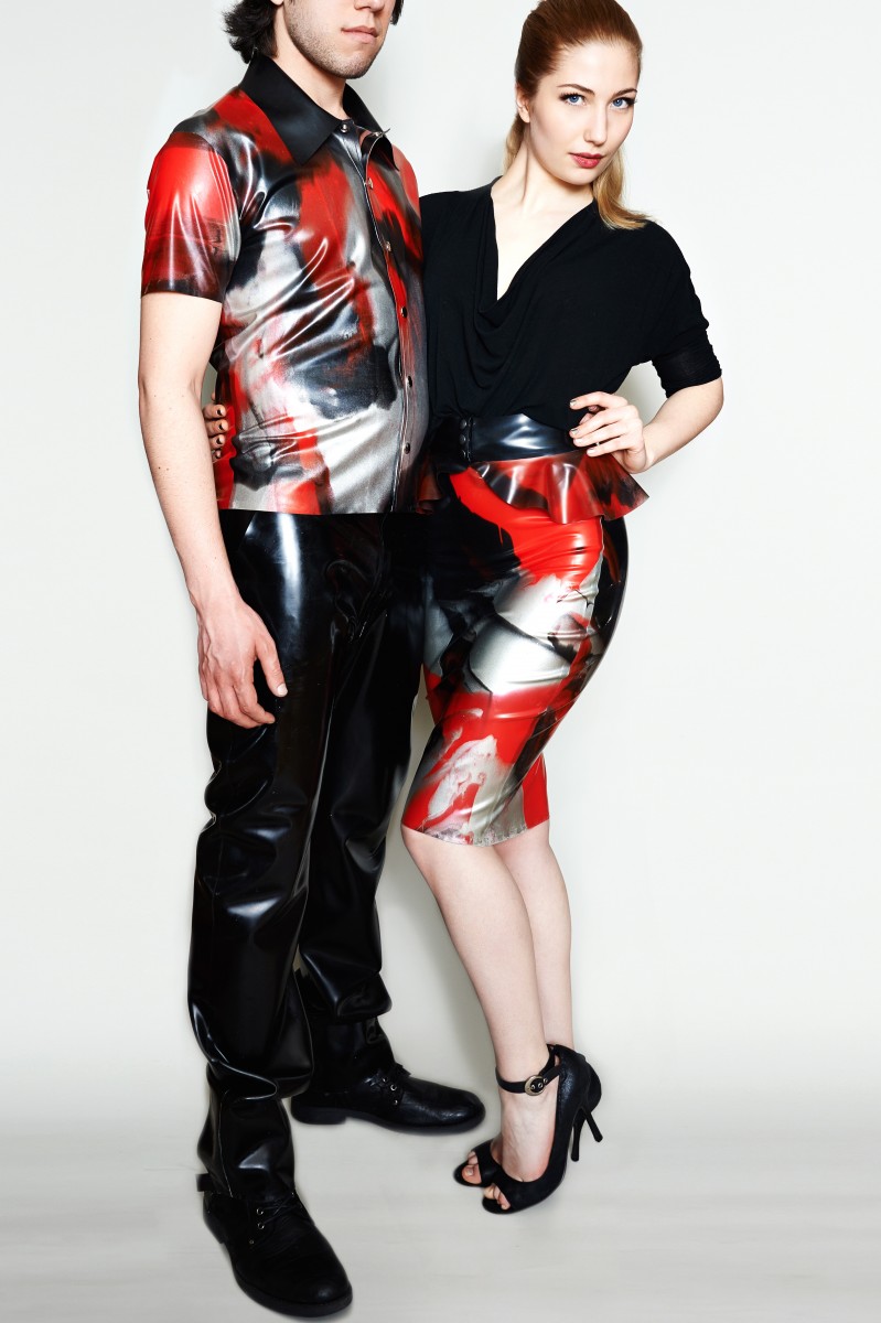 Latex-2 Yummy Gummy Latex red marble mens shirt and pencil skirt with peplum belt
