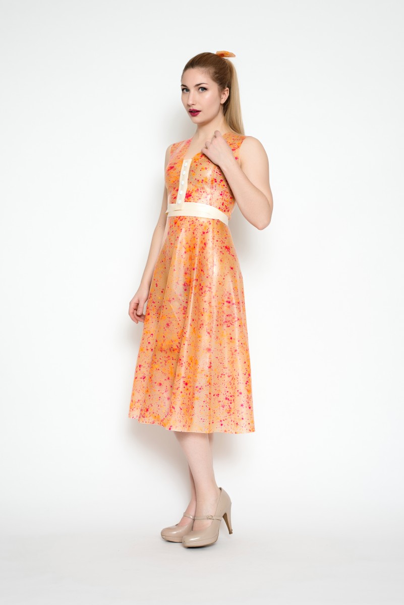 Yummy-Dec-11 Yummy Gummy Latex Splatter Latex, Orange, Yellow, Gold and cerise splatters on Trans