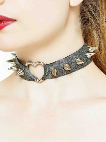 Yummy Gummy Latex black glitter long spike heart collar