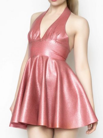 Yummy Gummy Latex Pleated halter circle dress in Dusty Pink glitter