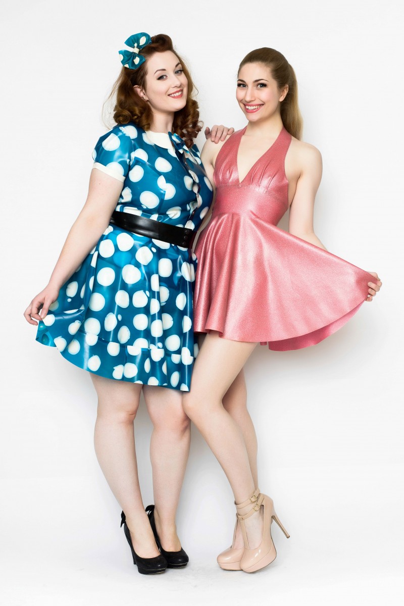 Yummy-Gummy-109 Yummy Gummy latex, Pleated halter dress in pink glitter and blue polka dot short sleeve blouse, bow belt and bell bottom skirt