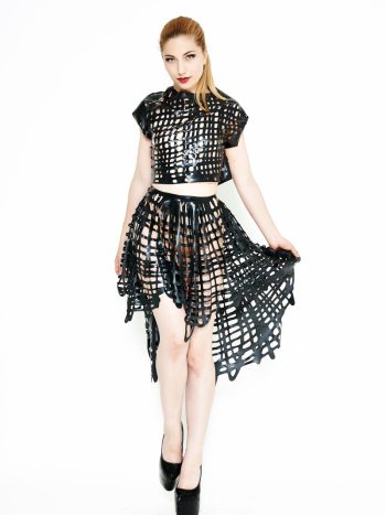 Yummy Gummy Latex, Net Latex dip hem skirt and crop tshirt